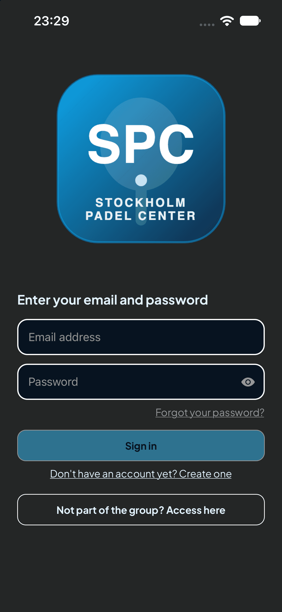 Ecrã de entrada na app, com o logótipo e as cores do clube